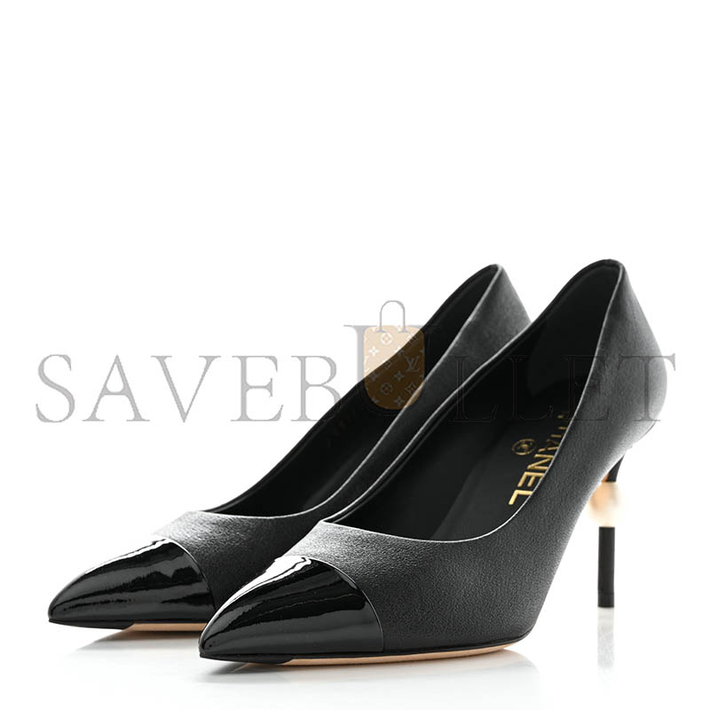 Ch**el goatskin patent calfskin cap toe cc pearl pumps